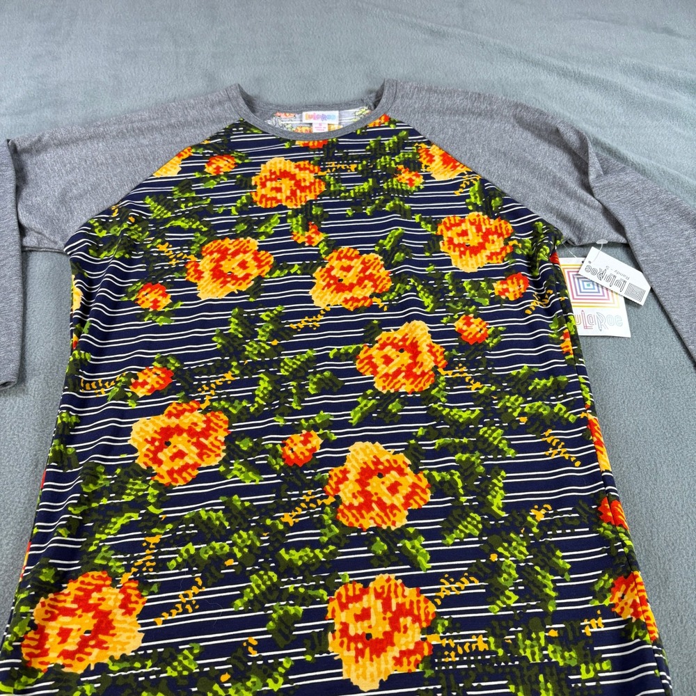 LuLaRoe Randy Baseball Tee Small Floral Stripe Gray Raglan 3/4 Sleeve Shirt NWT